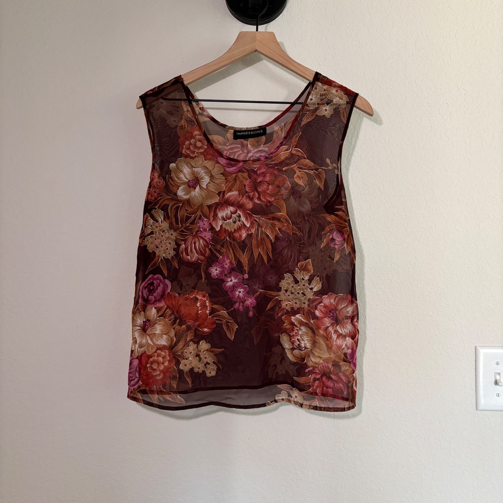 Impressions Tank Top M Sheer Mesh Floral Burgundy Whimsigoth Boho Sleeveless